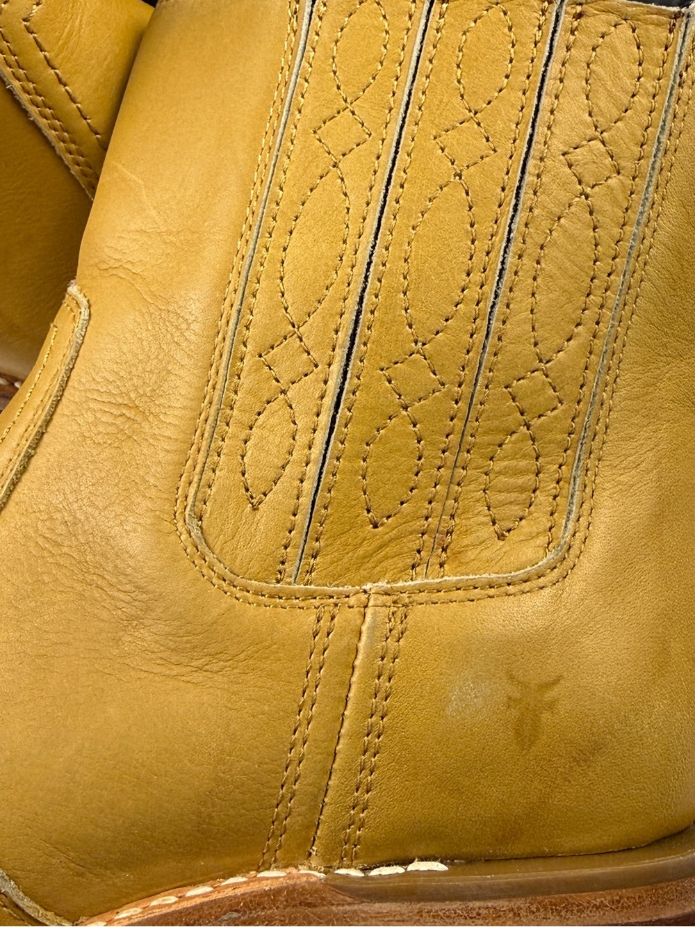 Frye Mustard Leather Western Chelsea Booties with Stacked Heel - Picture 14 of 16